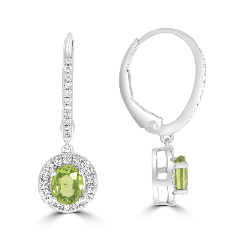 Green Sapphire & Diamond Halo Drop Earrings